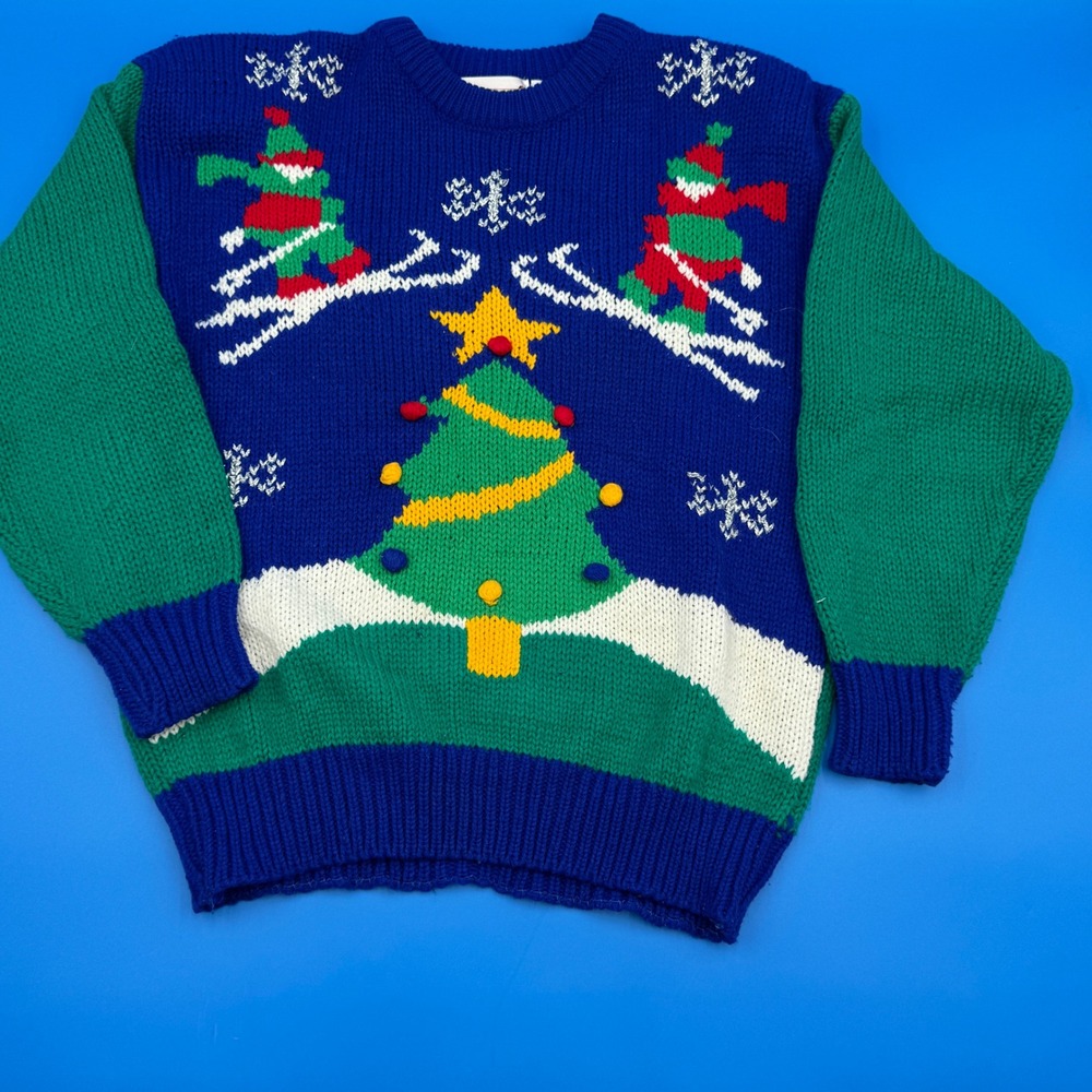 Adell Barre Womens Ugly Christmas Sweater Skiing Tree‎ Snowflakes Blue Green M